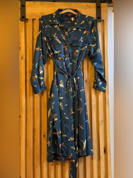 Zara Dresses & Skirts - Zara Teal Long-Sleeve Bug & Butterfly Shirt Dress